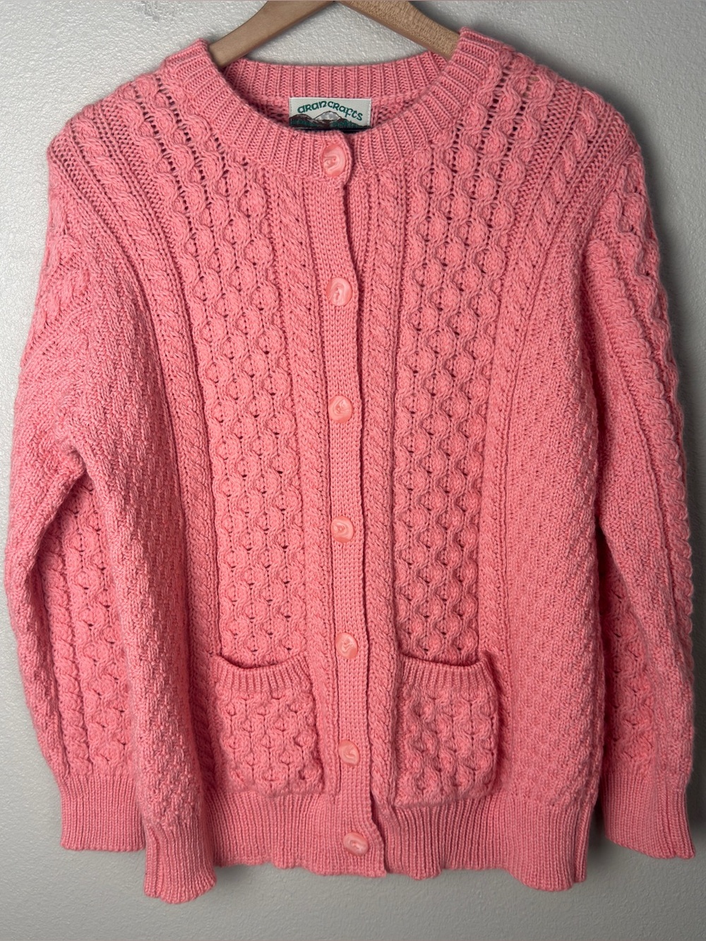 Aran Crafts Cable Knit Merino Wool Button Front Sweater